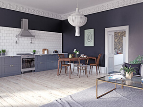 Dark grey and white contrasting dining setting kitchen Light wooden floor with dark wooden table 
